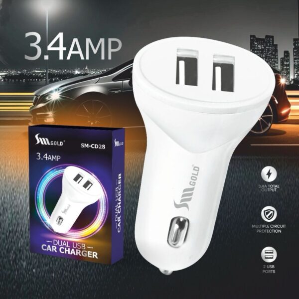 SM Gold SM-CD28 3.4A Dual USB Car Charger With Cable