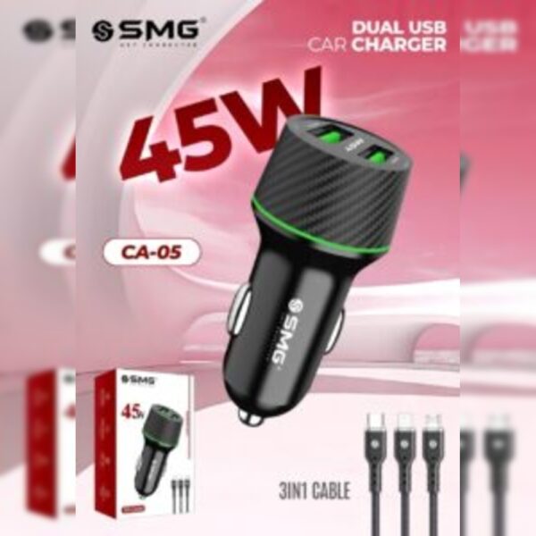 SMG CA-05 45W Dual USB Car Charger With 3in1 Cable