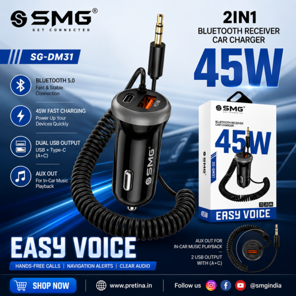 SMG SG-DM31 45W 2in1 Car Charger With Bluetooth Receiver
